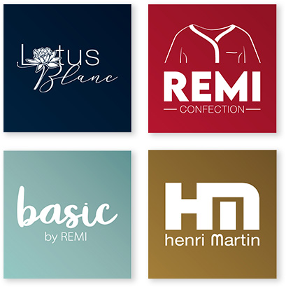 4 marques du groupe Rémi Confection : Lotus Blanc, Rémi, Basic by Rémi et Henri Martin